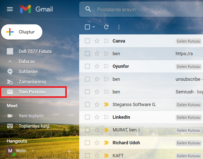 Arşivlenmiş e-postalar dahil tüm e-postaları görüntülemek için Gmail'deki Tüm Postalar sekmesine basın