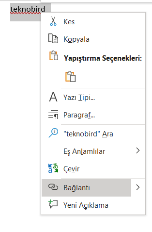 Word Sağ tık bağlantı köprü ekleme