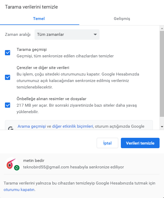 Err name not resolved Google chrome önbelleği temizleme