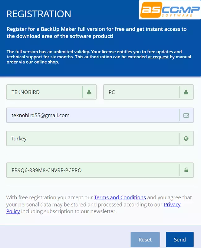 BackUp Maker Professional Ücretsiz Lisans Kayıt Sayfası