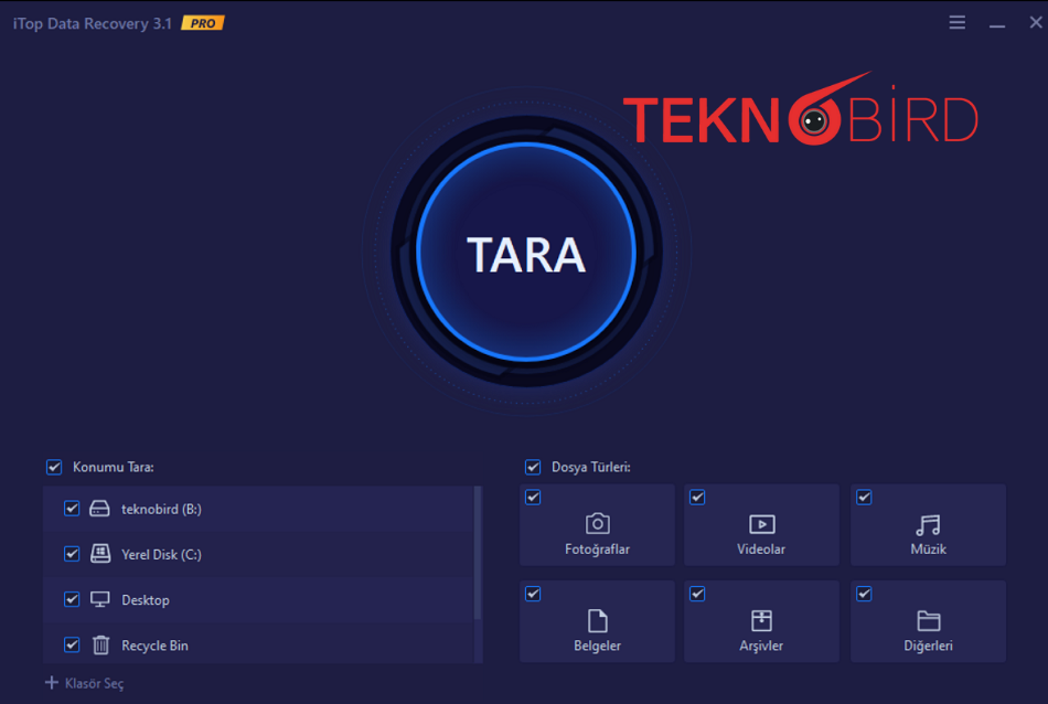 iTop Data Recovery Pro - Tarama Ekran Görüntüsü