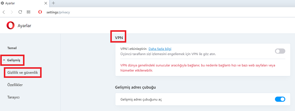 Opera Gizlilik ve Güvenlik VPN Ayarı