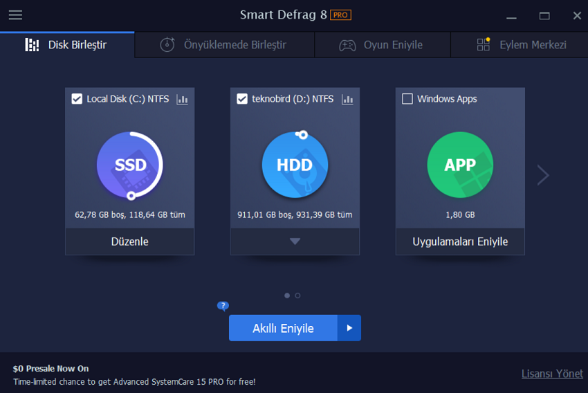 IObit Smart Defrag PRO 8 Disk birleştirme işlemleri