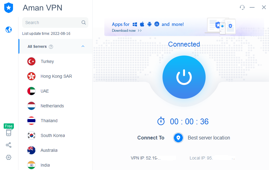 Aman VPN Sınırsız Bağlantı Kuruldu