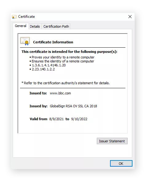 Bir SSL sertifikasının genel sekmesi.