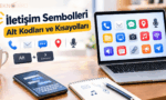 Teknobird logolu, "İletişim Sembolleri Alt Kodları ve Kısayolları" başlıklı görsel. Görselde dizüstü bilgisayar ekranında renkli iletişim ikonları, akıllı telefon, üzerinde sembol çizimleri olan not defteri ve "Alt + X (Unicode)" kombinasyonunu gösteren klavye tuşları bulunmaktadır.