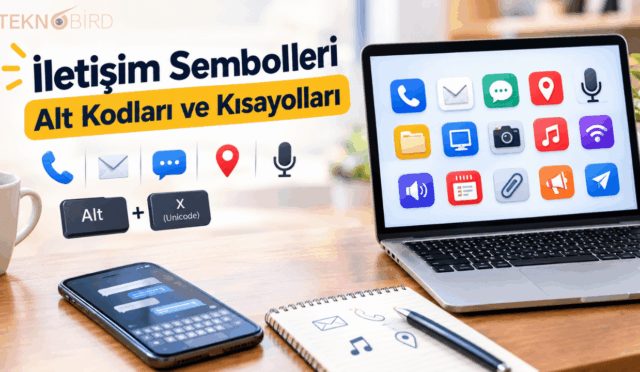 Teknobird logolu, "İletişim Sembolleri Alt Kodları ve Kısayolları" başlıklı görsel. Görselde dizüstü bilgisayar ekranında renkli iletişim ikonları, akıllı telefon, üzerinde sembol çizimleri olan not defteri ve "Alt + X (Unicode)" kombinasyonunu gösteren klavye tuşları bulunmaktadır.