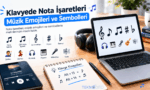 Teknobird logolu, "Klavyede Nota İşaretleri Müzik Emojileri ve Sembolleri" başlıklı rehber görseli. Görselde dizüstü bilgisayar ekranında müzik sembolleri, akıllı telefonda müzik çalar arayüzü ve not defteri üzerinde "Alt + 13 = ♪" ile "Alt + 14 = ♫" klavye kısayolları yer almaktadır.