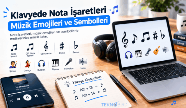 Teknobird logolu, "Klavyede Nota İşaretleri Müzik Emojileri ve Sembolleri" başlıklı rehber görseli. Görselde dizüstü bilgisayar ekranında müzik sembolleri, akıllı telefonda müzik çalar arayüzü ve not defteri üzerinde "Alt + 13 = ♪" ile "Alt + 14 = ♫" klavye kısayolları yer almaktadır.