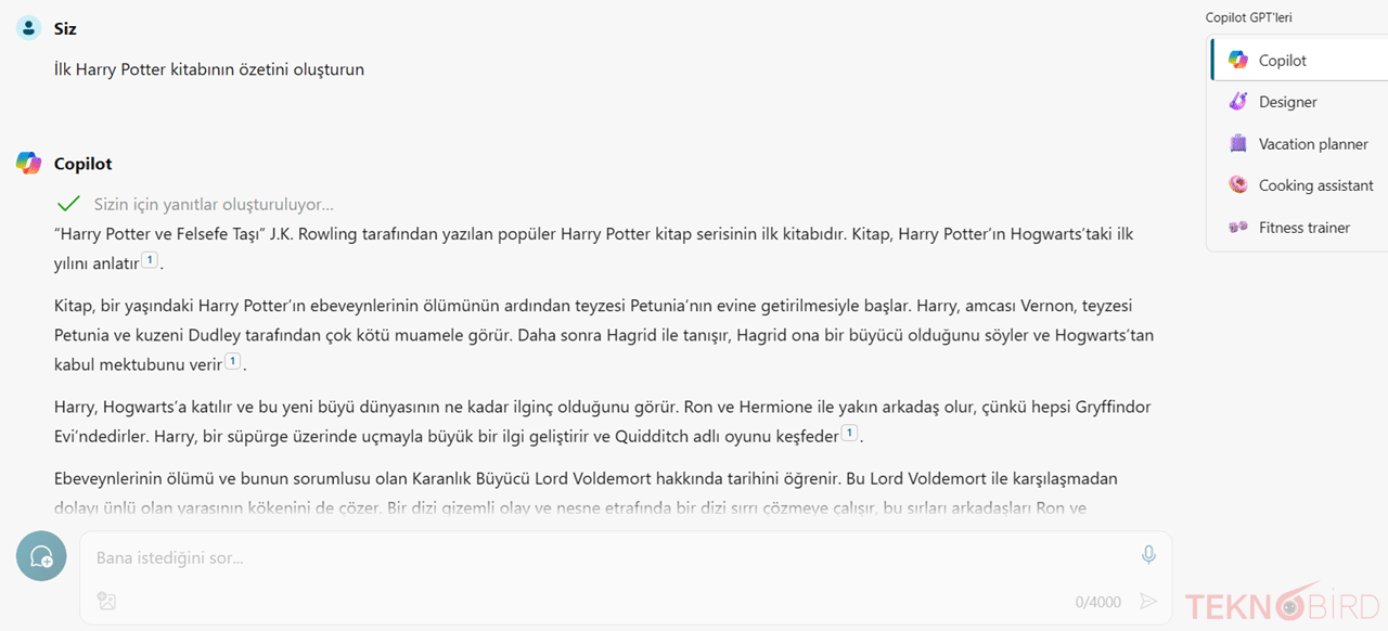Copilot GPT: İlk Harry Potter kitabının özetini oluşturun