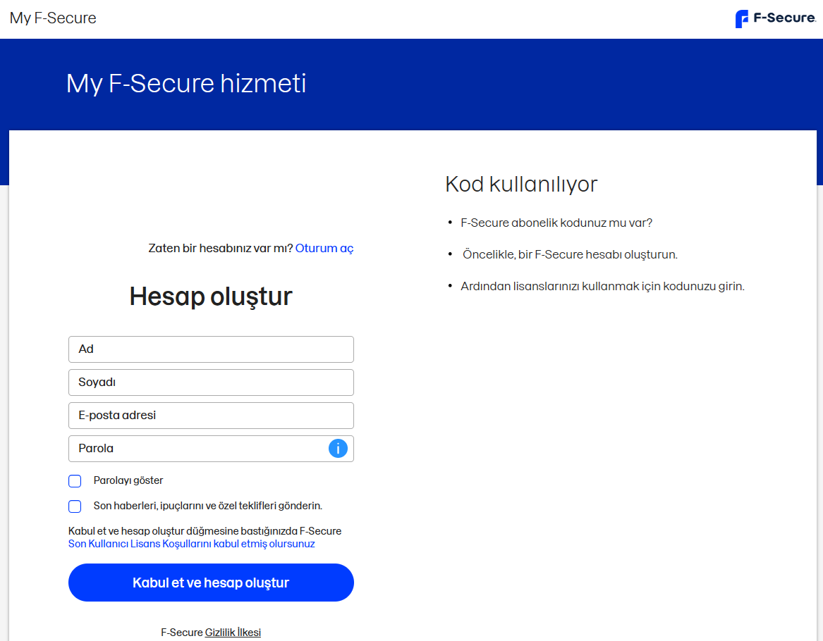 F-Secure Internet Security 6 Aylık Deneme Lisansı Kayıt Sayfası