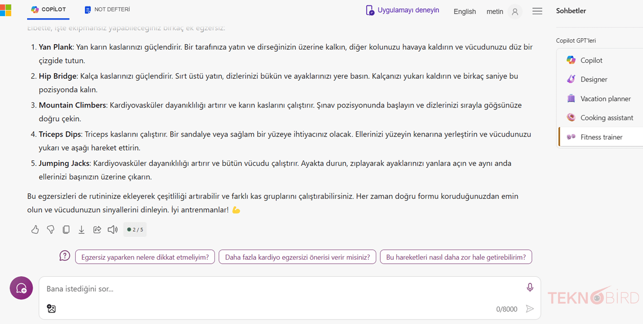 Copilot GPT: Fitness Eğitmeni (Fitness trainer)