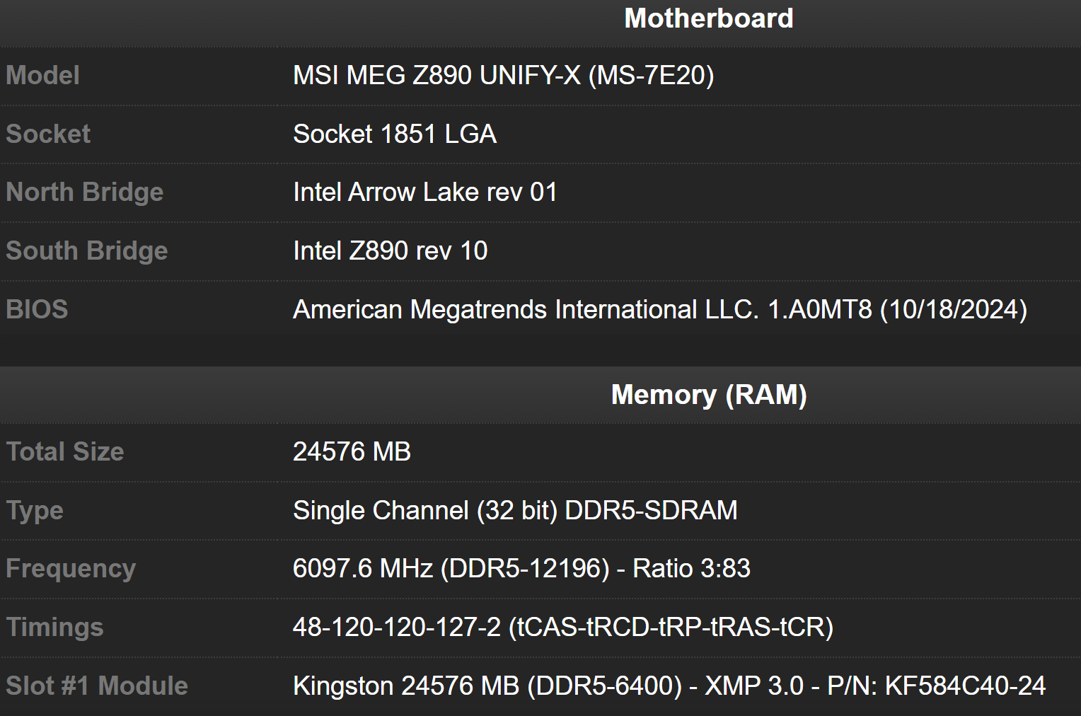 MSI MEG Z890 UNIFY-X Anakart ve Kingston DDR5 Bellek Frekans Bilgileri