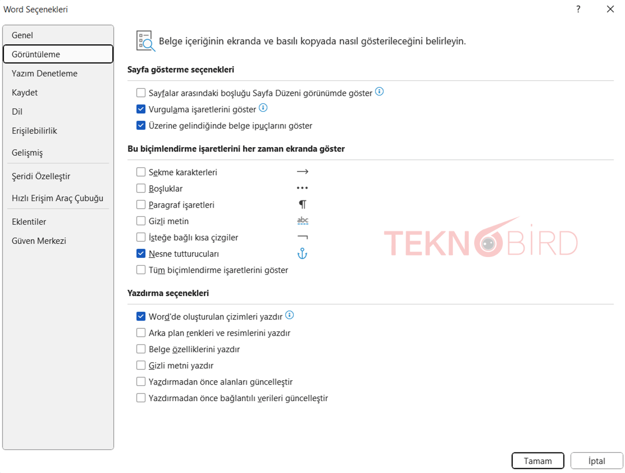 Word'de Biçimlendirme İşaretlerini Gösterme Ayarları
