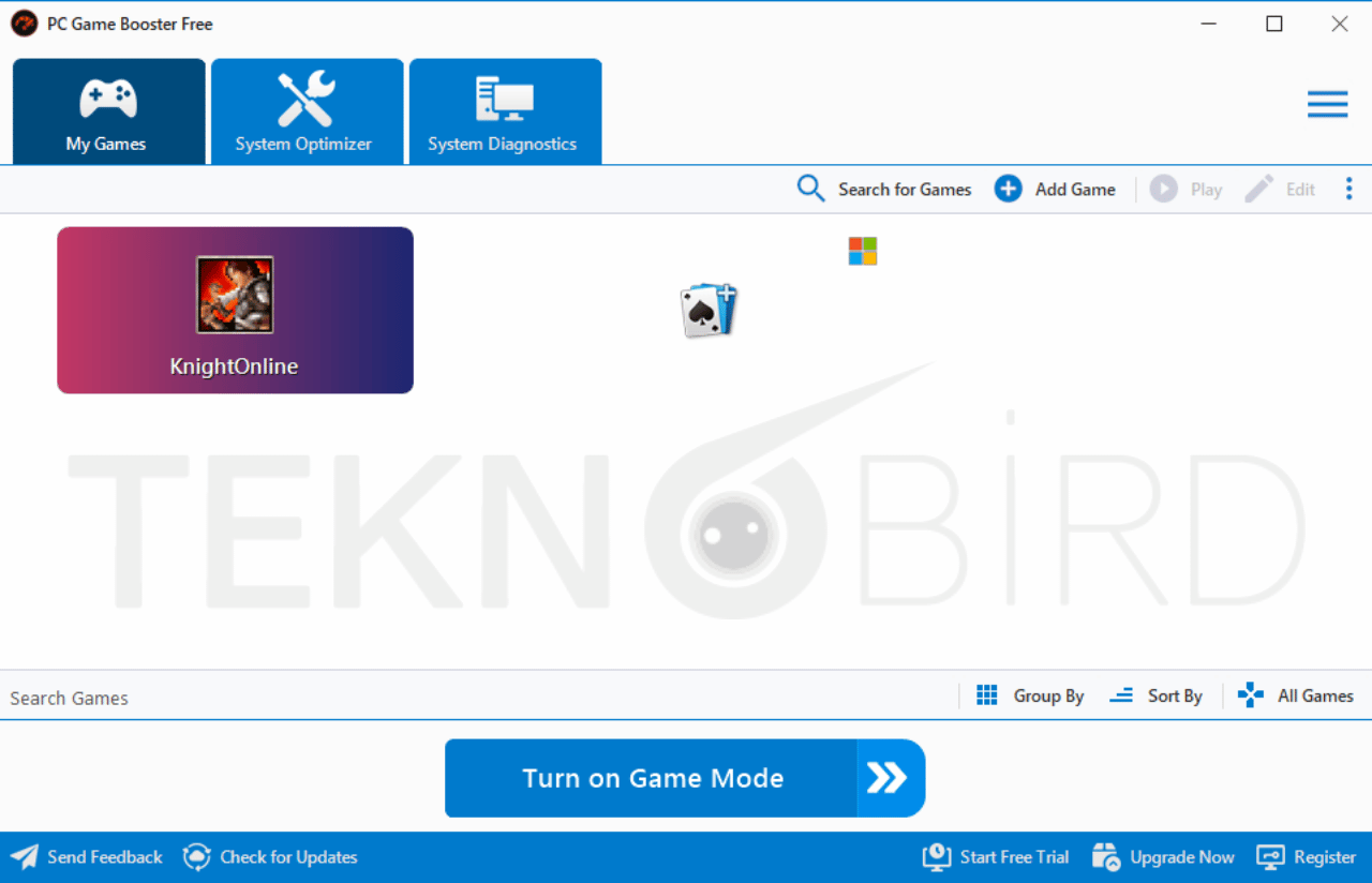 PC Game Booster 8 oyun optimizasyon arayüzü ve Game Mode butonu