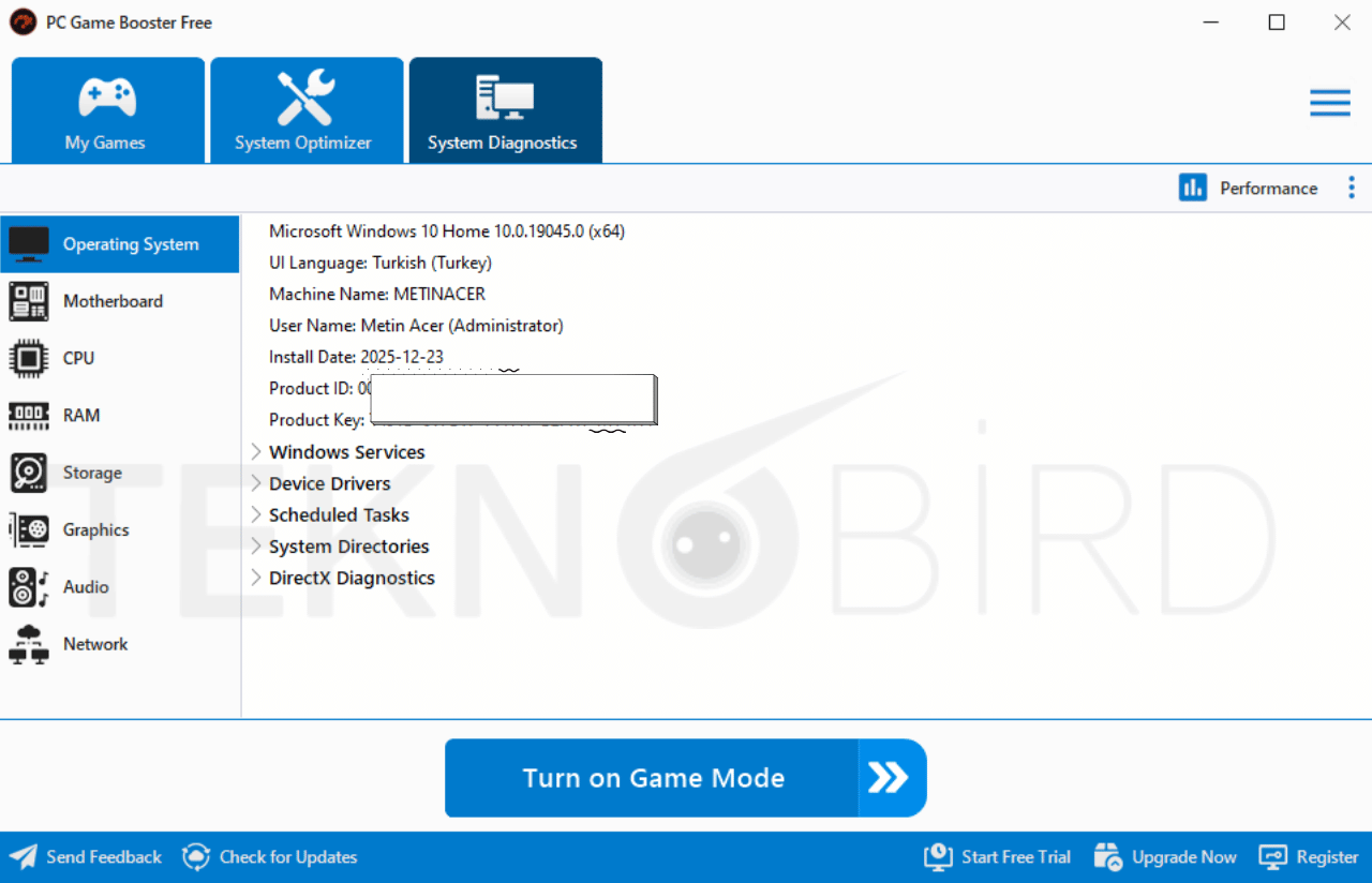 PC Game Booster 8 Sistem Bilgileri Ekranı – Windows ve Donanım Detayları