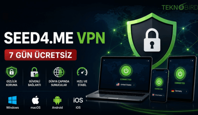 Seed4.Me VPN 7 gün ücretsiz kupon kodu, güvenli VPN bağlantısı ve kurulum rehberini gösteren TeknoBird kapak görseli.