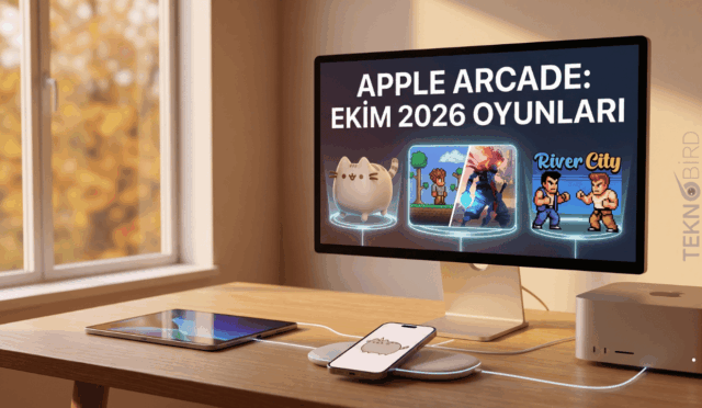 Temiz bir Apple ekosistemi düzenlemesinde, iMac ekranında 'APPLE ARCADE: EKİM 2026 OYUNLARI' yazısı; ekranda Pusheen kedisi, Dead Cells ve River City oyun karakterlerinin hologramları yer alıyor; masada kedi simgeli iPhone ve iPad kablosuz şarjda.