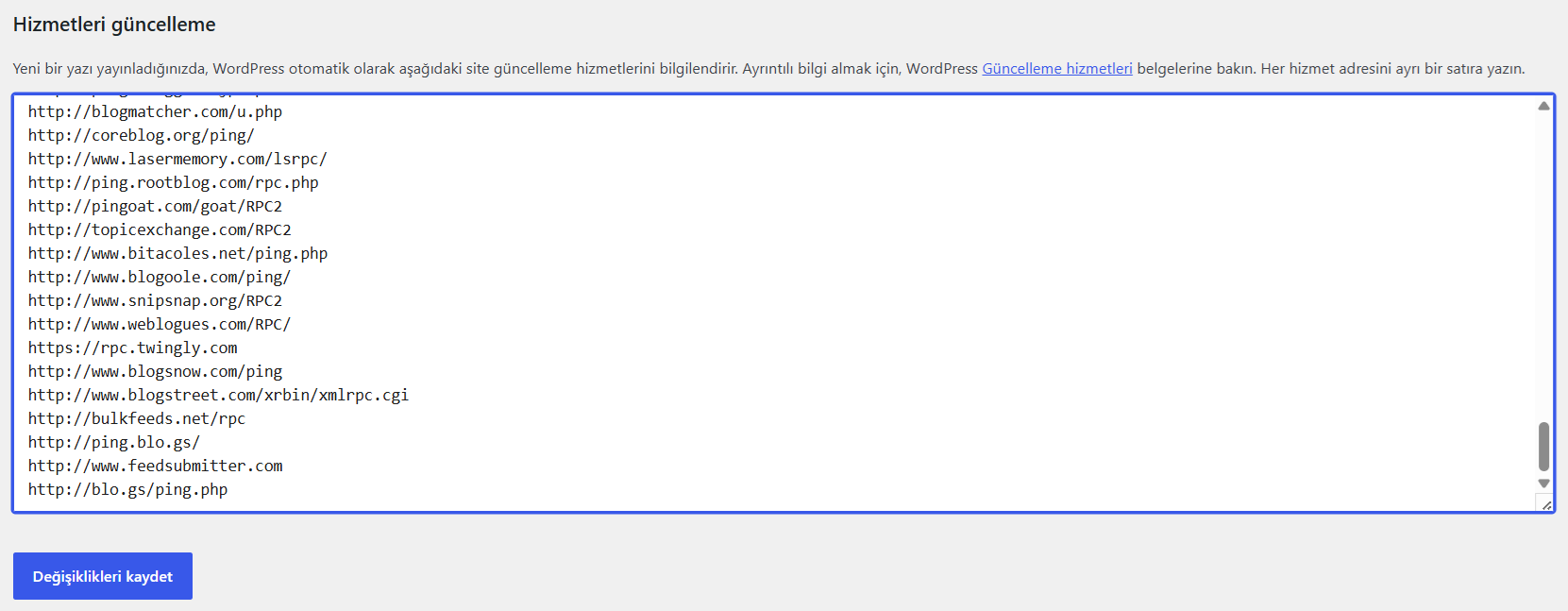WordPress ping servisleri listesi ekleme ve hizmetleri güncelleme ayarları ekranı