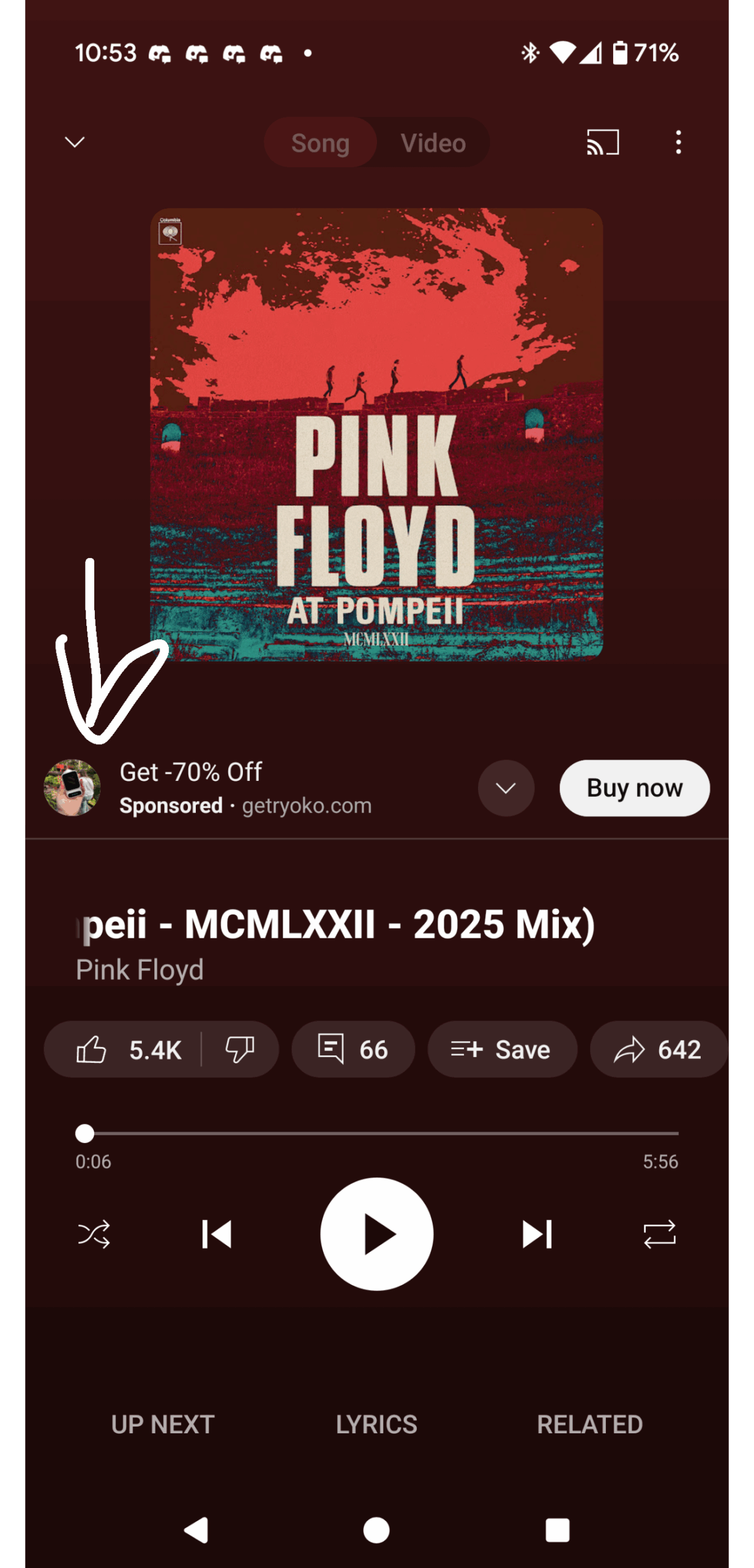 YouTube Music'in Şu Anda Çalıyor ekranında bir banner reklamını gösteren ekran görüntüsü