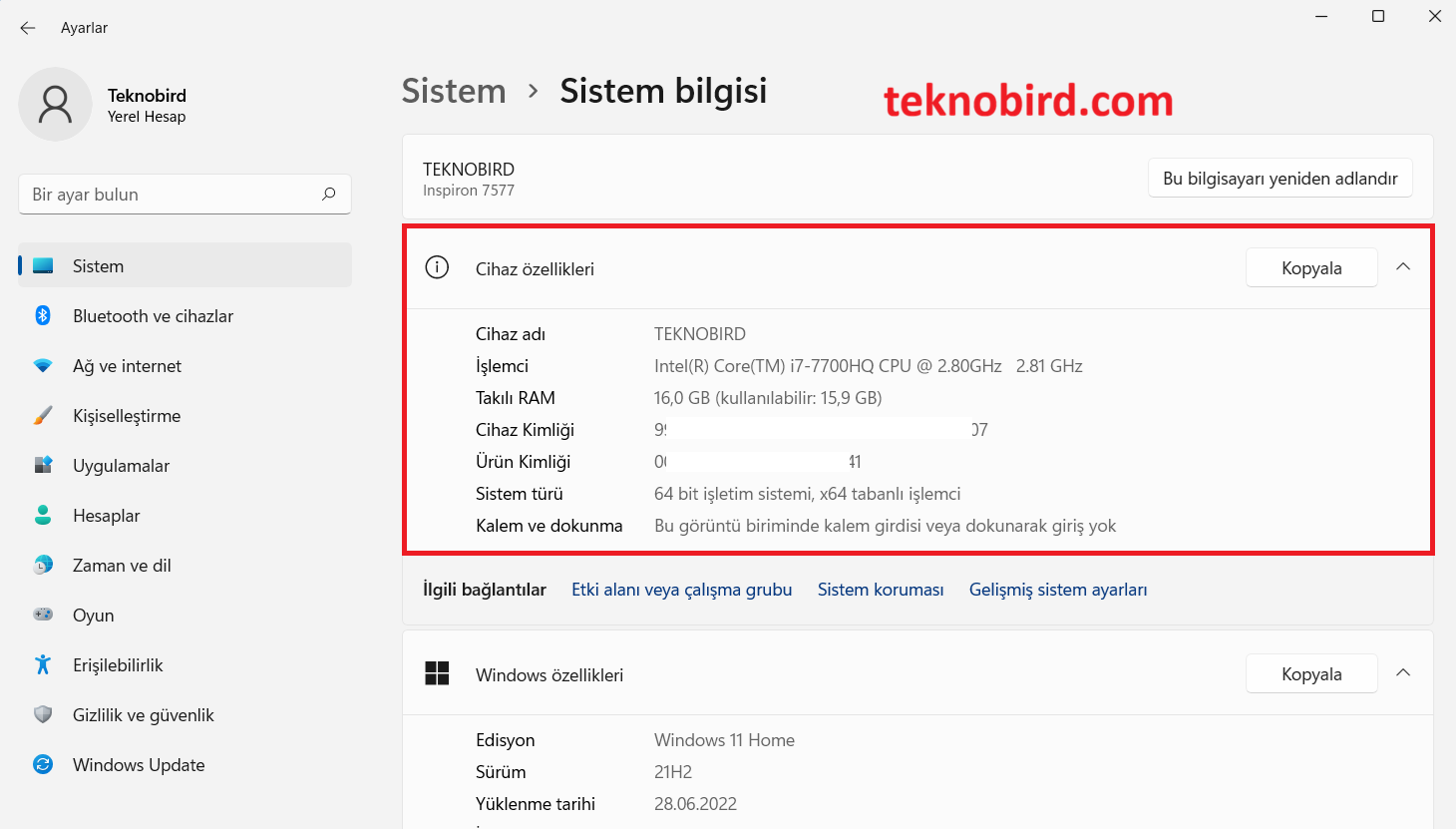 Windows 11 Ayarlar > Sistem Bilgisi ekranında cihaz özellikleri, işlemci, RAM ve sistem türü bilgileri