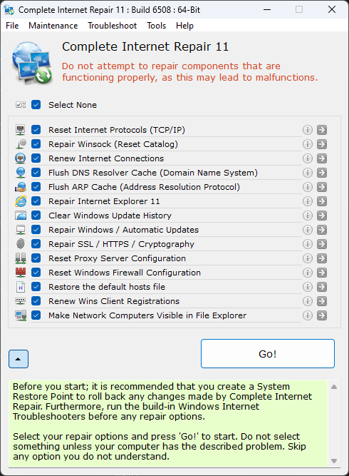 Complete Internet Repair 11 Arayüz Görünümü – Ağ Onarım Araçları Ekranı