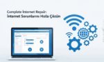 Complete Internet Repair yazılımının internet sorunlarını hızlı çözmeye yönelik tanıtım görseli, laptop ekranında program arayüzü ve yanında ağ bağlantı simgeleri