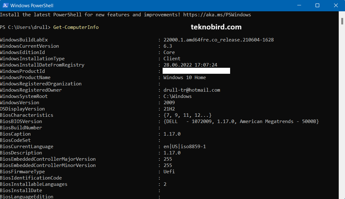 Windows PowerShell sistem bilgileri ekran görüntüsü