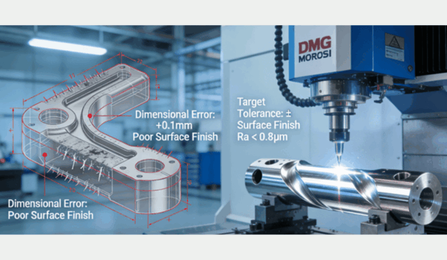 A modern 5-axis CNC machining center milling a complex aerospace component, visually contrasting dimensional errors and poor surface finish (before) with achieved micron-level tolerances and smooth finish (after), demonstrating precision manufacturing capabilities.