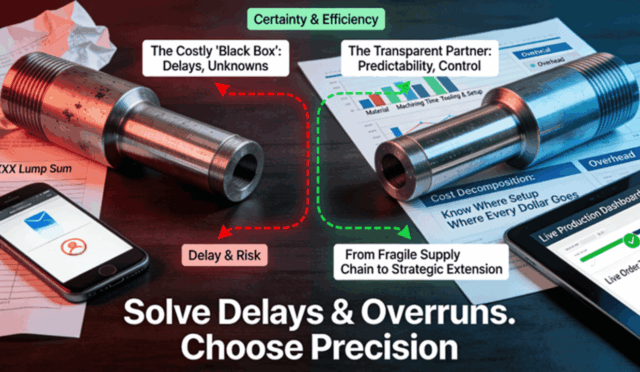 A desk contrasts traditional outsourced CNC turning (a flawed part with a black-box quote and a phone showing delays) with a strategic precision partner (a flawless part atop a dynamic cost-breakdown report and a tablet showing live production tracking), visualizing the shift from a fragile to a reliable supply chain.