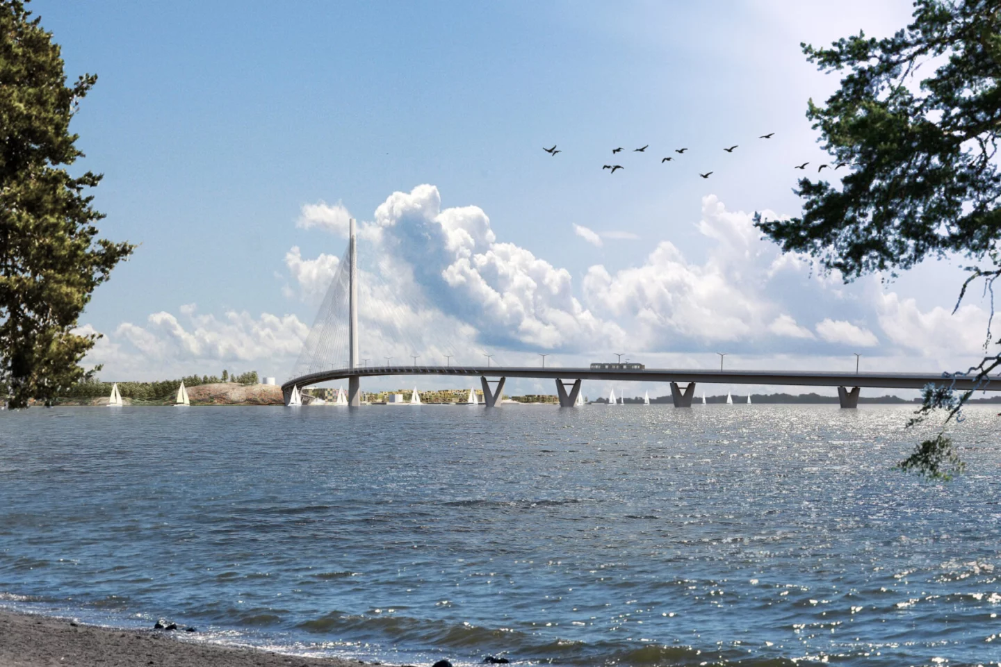 Kruunuvuori Köprüsü, Helsinki şehir merkezini Laajasalo bölgesine tramvay hattı ile bağlayacak. 2027 yılının başında / WSP & Knight Architects