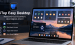 iTop Easy Desktop pro key sürümünün kutularla masaüstü düzenleme ve yapay zeka asistanı özelliklerini gösteren dizüstü bilgisayar ekranı