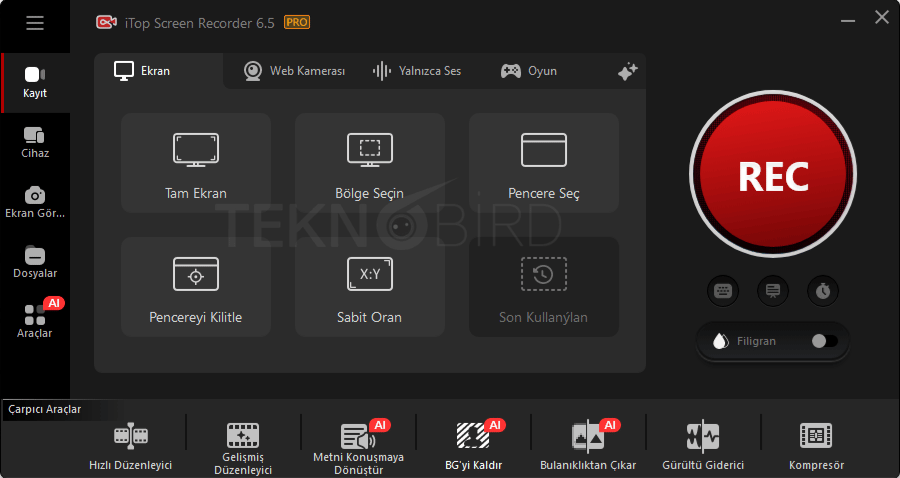 iTop Screen Recorder 6.5 Key: Arayüz, ekran kaydı seçenekleri ve büyük REC kayıt butonu