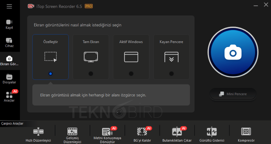 iTop Screen Recorder 6.5 ekran görüntüsü alma menüsü, özelleştir, tam ekran ve aktif pencere seçenekleri