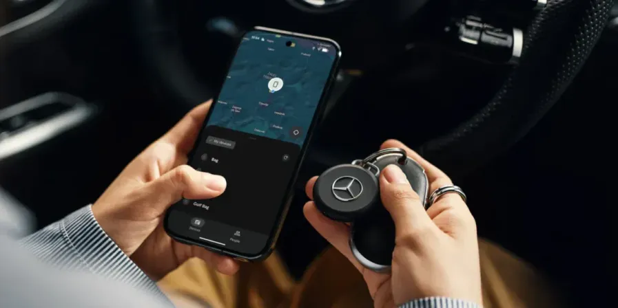 Araç içinde elinde akıllı telefon ile Apple Find My harita uygulamasından Mercedes anahtarlık takip cihazının konumunu izleyen kullanıcı.