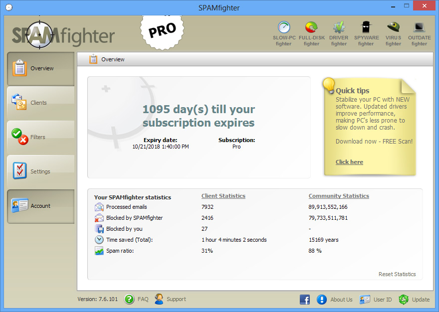 SPAMfighter Pro - Genel Durum ve İstatistikler Ekranı