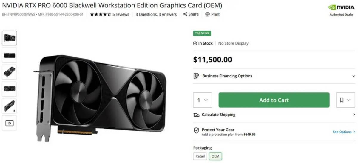 NVIDIA web sitesinde listelenen, iki fanlı ve siyah tasarımlı NVIDIA RTX PRO 6000 Blackwell Workstation Edition (OEM) ekran kartının ürün sayfası ekran görüntüsü. Sağ tarafta 11.500,00 $ fiyat etiketi, "Add to Cart" (Sepete Ekle) butonu ve stok bilgisi görünmektedir.