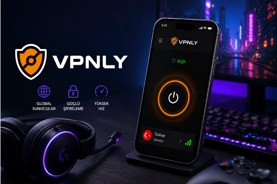 Görsel, oyun ekipmanları (kulaklık ve klavye) ile çevrili bir masa üzerinde, "Bağlı" durumdaki VPNLY uygulamasının açık olduğu bir akıllı telefonu; global sunucular, güçlü şifreleme ve yüksek hız gibi temel özellikleri vurgulayacak şekilde sergilemektedir.