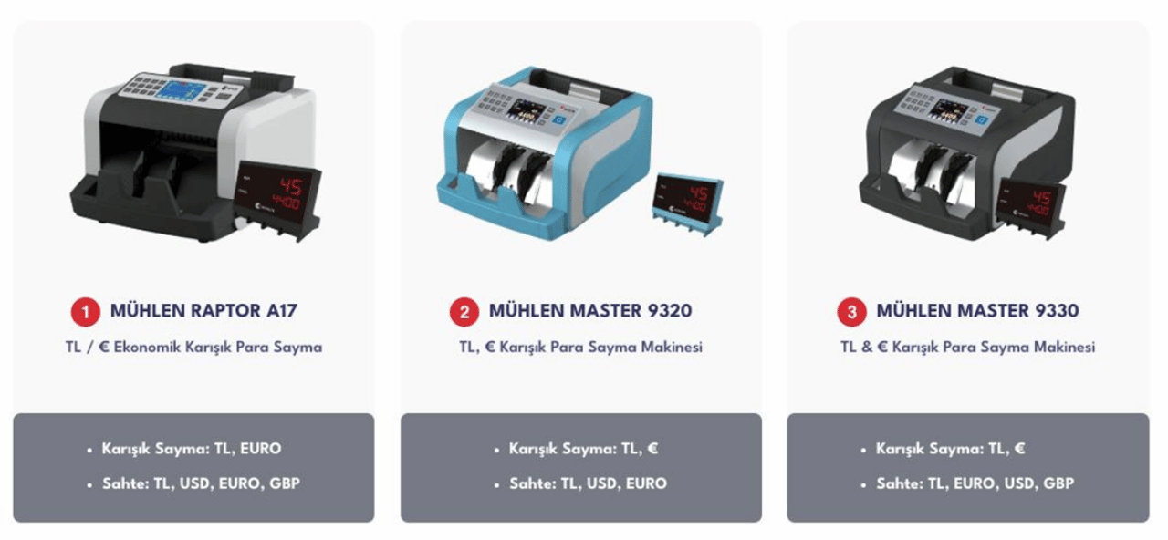 Görsel, TL ve Euro için karışık sayım yapabilen ve farklı para birimlerinde sahte para tespiti sunan üç farklı Mühlen marka para sayma makinesinin (Raptor A17, Master 9320 ve Master 9330) temel özelliklerini karşılaştırmalı olarak göstermektedir.