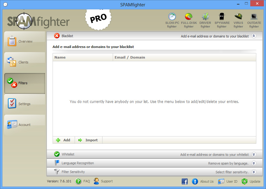 SPAMfighter Pro - Karaliste E-posta Filtreleme Ekranı