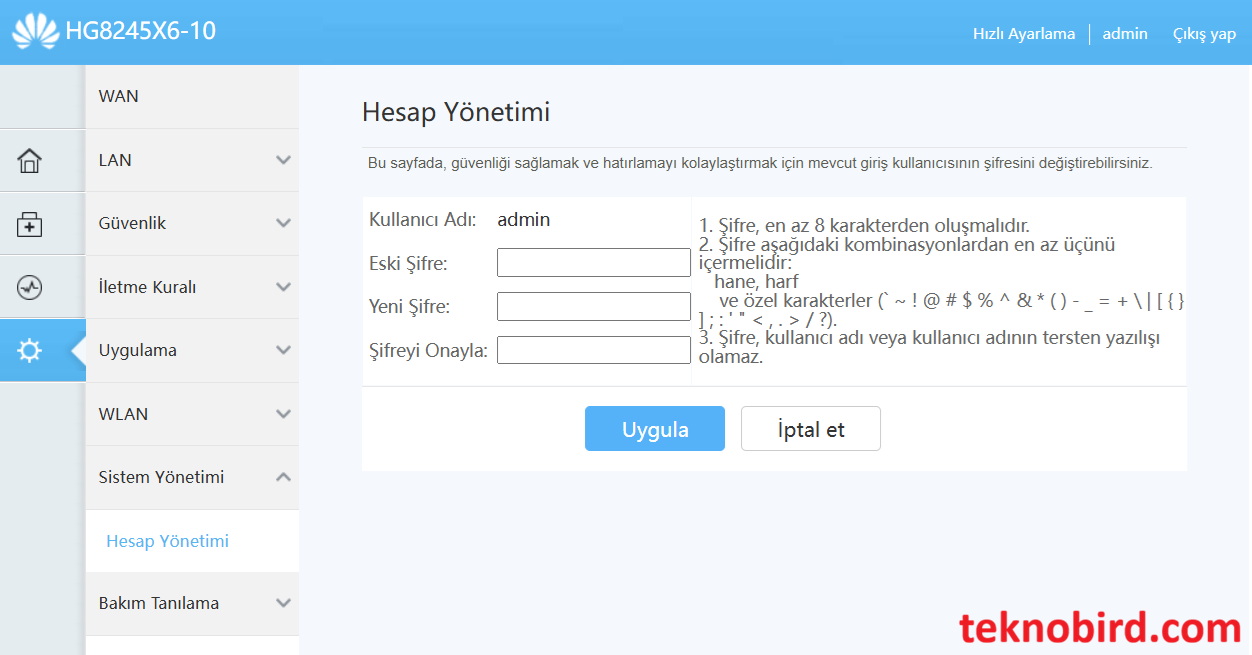Huawei HG8245X6-10 Modem Arayüzü Giriş Şifresi Değiştirme