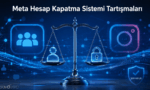 Meta hesap kapatma sistemi ve şeffaflık tartışmalarını temsil eden, adalet terazisi ve dijital sosyal medya ikonları içeren teknoloji temalı illüstrasyon.