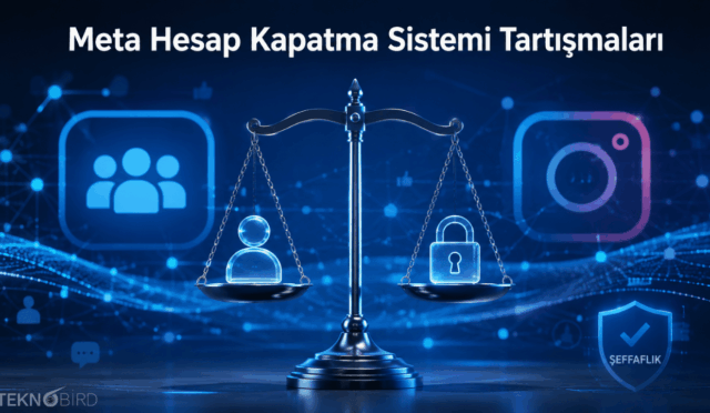 Meta hesap kapatma sistemi ve şeffaflık tartışmalarını temsil eden, adalet terazisi ve dijital sosyal medya ikonları içeren teknoloji temalı illüstrasyon.