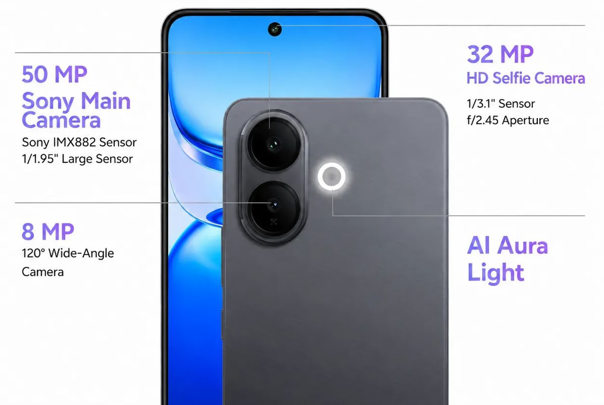 Mavi ekranlı bir akıllı telefonun ön kamerası ile arka taraftaki çift kamera kurulumunu ve halka şeklindeki yapay zeka ışığını gösteren teknik özellikler görseli.