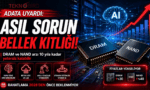 DRAM ve NAND bellek çipleri ile yapay zekâ temalı illüstrasyon. ADATA'nın küresel bellek kıtlığı ve artan bellek fiyatlarına ilişkin uyarısını anlatan teknoloji görseli.