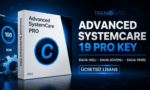 Advanced SystemCare 19 Pro Key ücretsiz lisans kampanyasını gösteren 3D yazılım kutusu görseli.