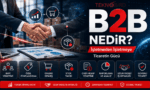 İki iş insanının tokalaştığı, B2B iş modeli, bayi yönetimi, online sipariş ve kurumsal ticareti temsil eden modern iş dünyası görseli.