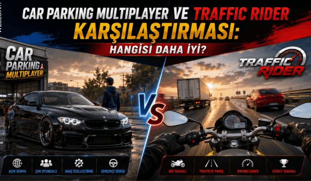 Car Parking Multiplayer ve Traffic Rider karşılaştırmasını gösteren kapak görseli. Açık dünya araba simülasyonu ile motosiklet yarış oyununun grafik, oynanış ve özellik açısından karşılaştırması.