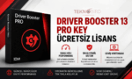 Driver Booster 13 Pro Key ücretsiz lisans, IObit Driver Booster Pro sürücü güncelleme yazılımı ve Teknobird logosunu gösteren tanıtım görseli.