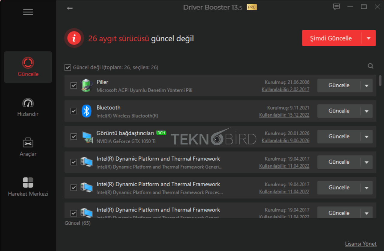 Driver Booster Pro Full Sürüm Sürücü Güncelleme Driver Booster 13 Pro sürücü güncelleme programı arayüzü ve güncel olmayan aygıt listesi
